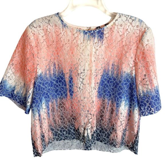 MSGM Floral Lace Blue, Pink & Off-White Tie Dye Short Sleeve Boxy Tee Size L - Picture 2 of 8